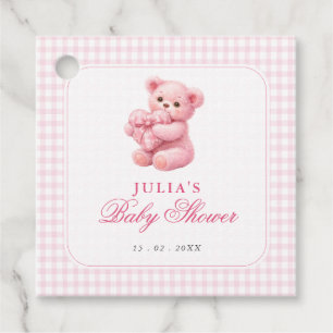 Kleine Herz-Rosa-Gingham-Teddybär-Baby-Party Geschenkanhänger