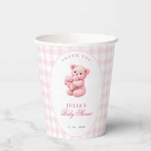 Kleine Herz-Rosa-Gingham-Teddybär-Baby-Party Pappbecher