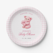 Kleine Herz-Rosa-Gingham-Teddybär-Baby-Party