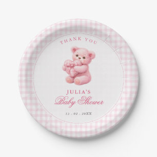 Kleine Herz-Rosa-Gingham-Teddybär-Baby-Party Pappteller