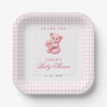Kleine Herz-Rosa-Gingham-Teddybär-Baby-Party