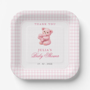 Kleine Herz-Rosa-Gingham-Teddybär-Baby-Party Pappteller