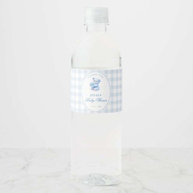 Kleine Herzen Blau Gingham Teddy Bär Baby Shower (Vorderseite)