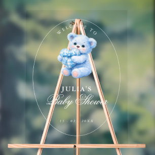 Kleine Herzen Blau Gingham Teddy Bär Baby Shower Acrylschild