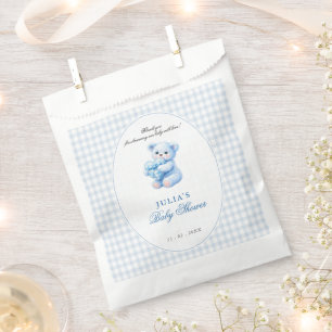 Kleine Herzen Blau Gingham Teddy Bär Baby Shower Geschenktütchen