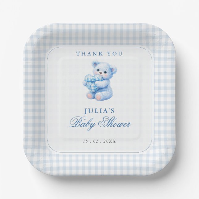 Kleine Herzen Blau Gingham Teddy Bär Baby Shower Pappteller (Vorderseite)