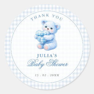 Kleine Herzen Blau Gingham Teddy Bär Baby Shower Runder Aufkleber