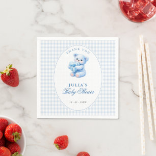 Kleine Herzen Blau Gingham Teddy Bär Baby Shower Serviette