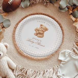 Kleine Herzen braun Gingham Teddy Bär Baby Shower Pappteller