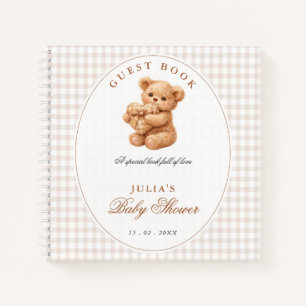 Kleine Herzen braunes Gingham-Teddybär-Baby-Party Notizbuch