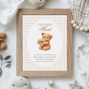 Kleine Herzen braunes Gingham-Teddybär-Baby-Party Poster
