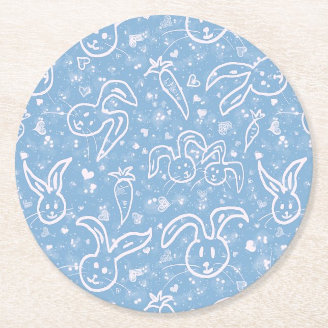 Kleine Herzen und Bunnies - transparentes Muster. Runder Pappuntersetzer (Vorderseite)