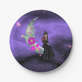 Kleine Hexe auf dem Crescent Moon mit Blume Pappteller