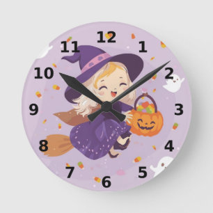 Kleine Hexe fliegt Halloween-Uhr Runde Wanduhr