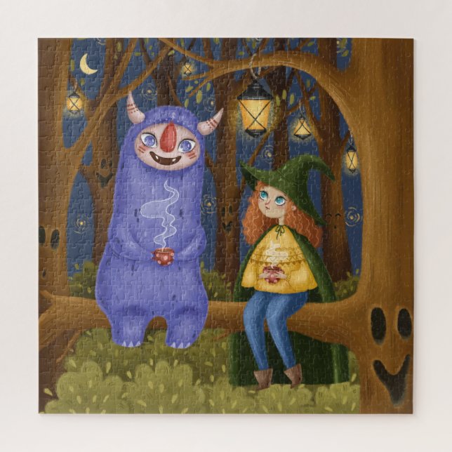 Kleine Hexe & Ghoul Tee Party im Waldpuzzle (Vertikal)