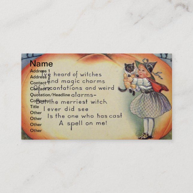 Kleine Hexe & Katze (Vintage Halloweenkarte) Visitenkarte (Vorderseite)