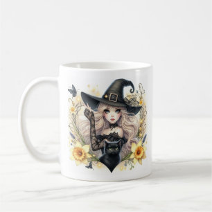 Kleine Hexe mit schwarzer Katze Narzissen Kaffeeta Kaffeetasse