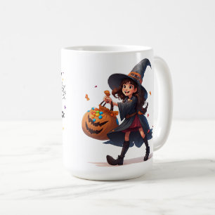 Kleine Hexe trägt einen Süßigkeiten-Kürbis für Hal Kaffeetasse