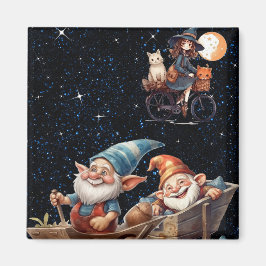 Kleine Hexe und glückliches Genie im Sternenhimmel Magnet