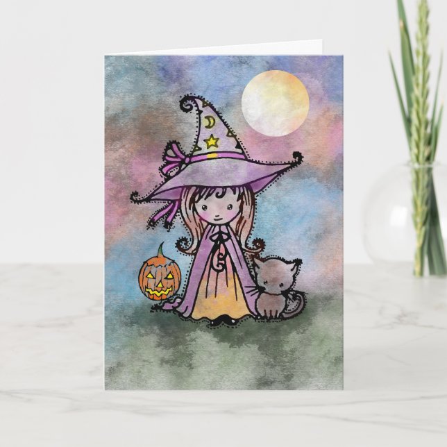 Kleine Hexe-und Katzen-Halloween-Karte Karte (Vorderseite)