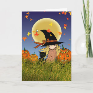 Kleine Hexe und schwarze Katze Halloween-Karte Karte