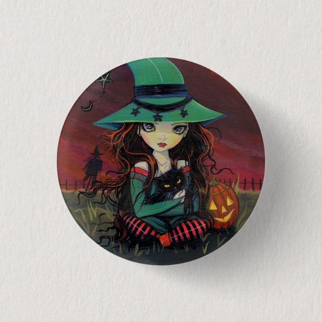 Kleine Hexe und schwarze Katze Halloween Knopf Button (Vorderseite)