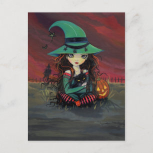 Kleine Hexe und schwarze Katze Halloween-Postkarte Postkarte