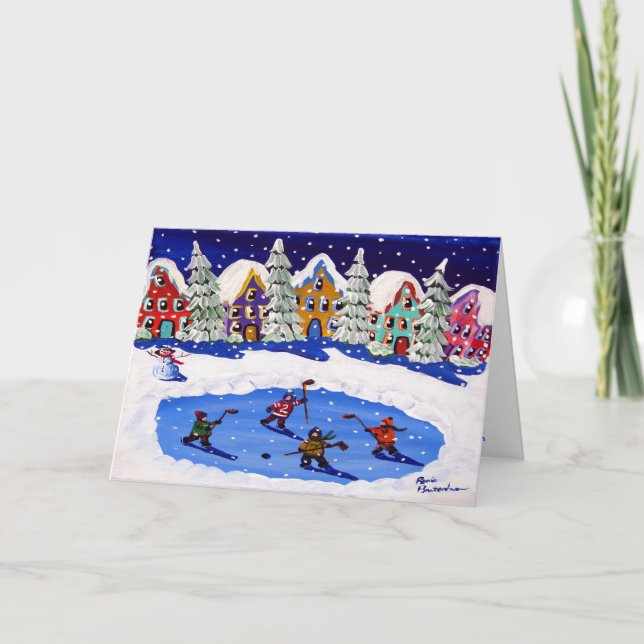 Kleine Hockeyspieler Ice Skate Winterkunstkarte Feiertagskarte (Vorderseite)