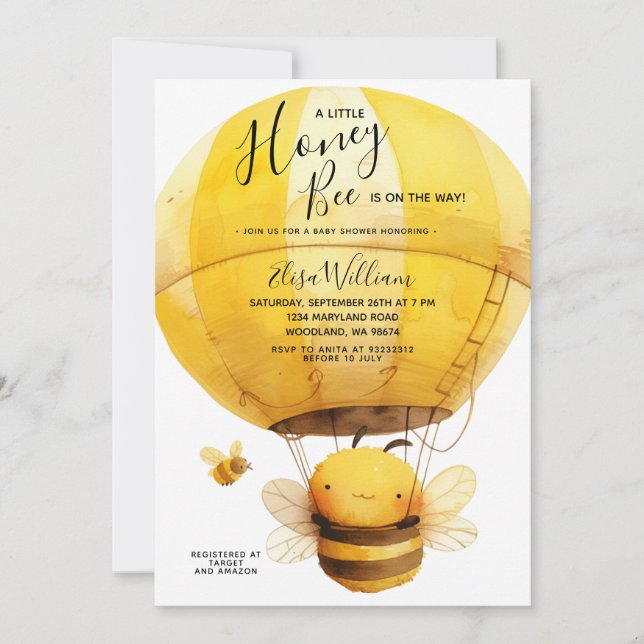 Kleine Honey Bee Hot Air Ballon Babydusche Einladung (Vorderseite)