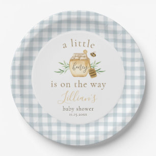 Kleine Honig auf dem Weg Blue Gingham Baby Shower Pappteller