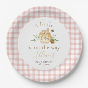 Kleine Honig auf dem Weg Pink Gingham Baby Shower Pappteller
