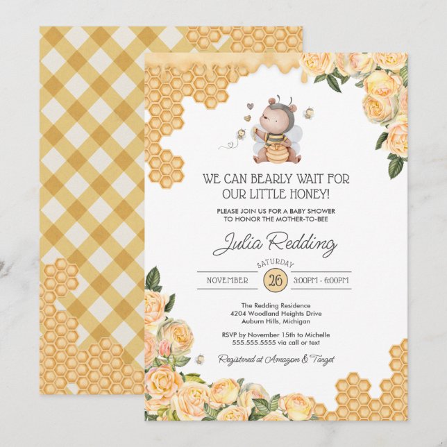 Kleine Honigbär & Bee Yellow Floral Baby Dusche Einladung (Vorne/Hinten)