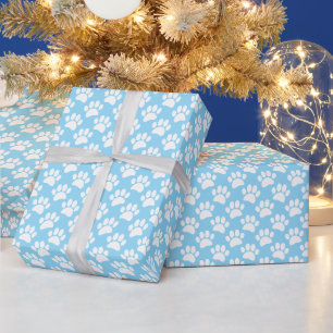 Kleine Hundpfoten-Druckmuster in Weiß und Babyblau Geschenkpapier