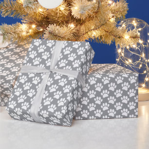 Kleine Hundpfoten-Druckmuster in Weiß und Grau Geschenkpapier