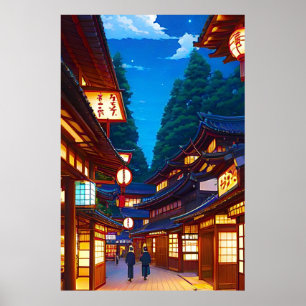 Kleine japanische Stadtstraße bei Nacht  Poster