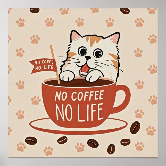 Kleine Katzenpfotenabdrücke und Kaffeebohnen Poste Poster (Vorne)