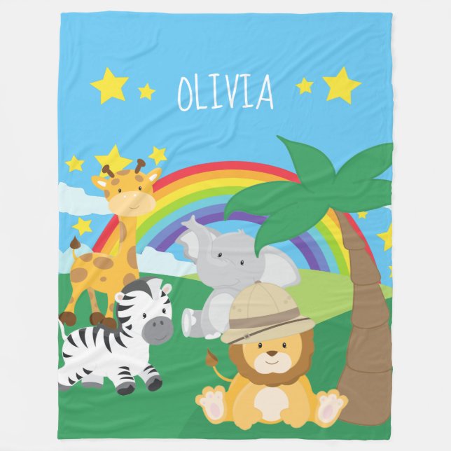 Kleine Kinder Safari Jungle Tiere und Vorname Fleecedecke (Vorderseite)