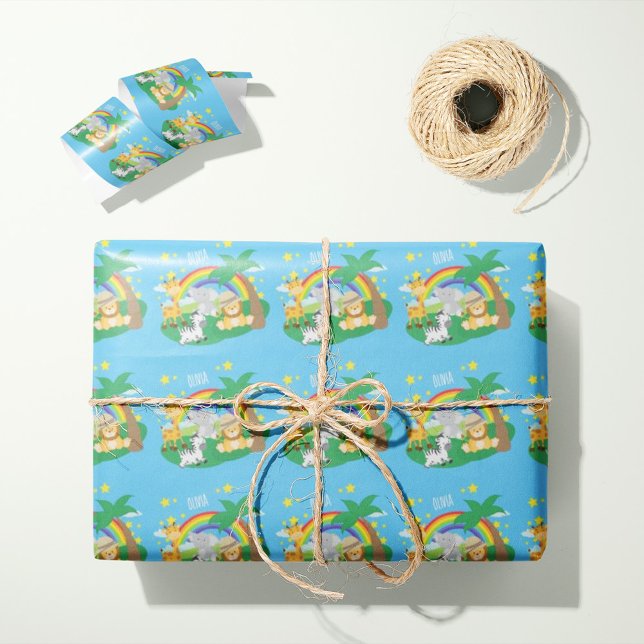 Kleine Kinder Safari Jungle Tiere und Vorname Geschenkpapier (Von Creator hochgeladen)