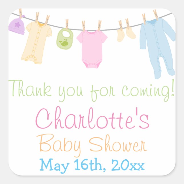 Kleine Kleidung Baby Dusche Gastgeschenk Quadratischer Aufkleber (Vorderseite)