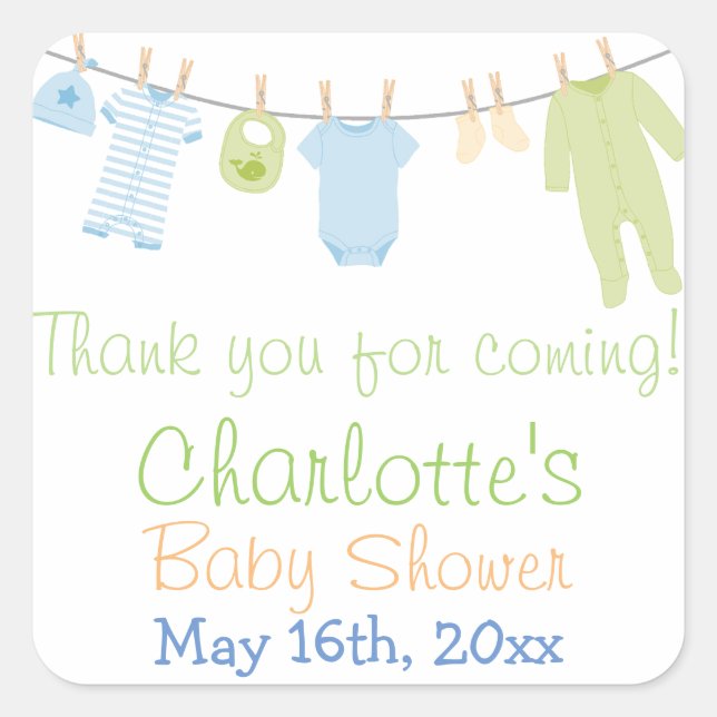 Kleine Kleidung Blue & Green Baby Dusche Party Quadratischer Aufkleber (Vorderseite)