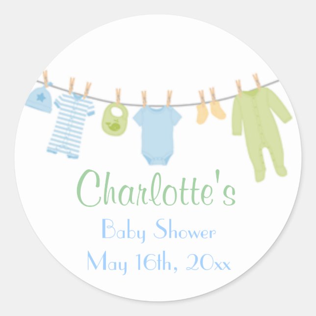 Kleine Kleidung Blue & Green Baby Shower Stickers (Vorderseite)