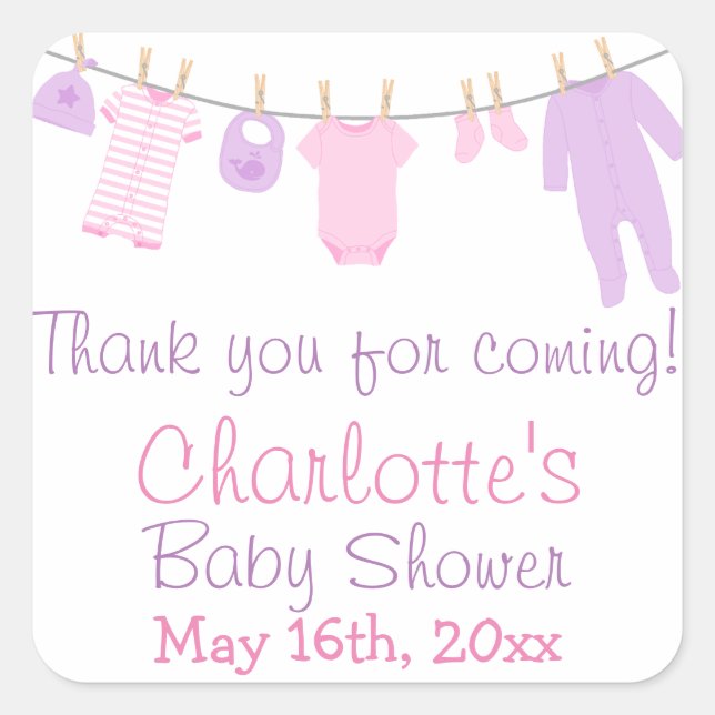 Kleine Kleidung Pink & Lila Baby Dusche Party Quadratischer Aufkleber (Vorderseite)
