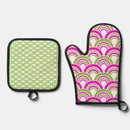 KLEINE KOPFPINK UND KLEINE GRÜNE PATTER OFENHANDSCHUH & Topflappen-Set