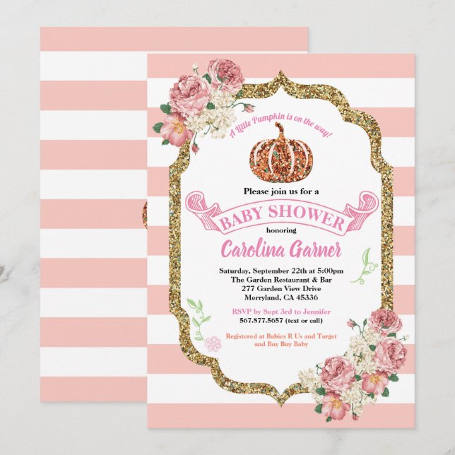 Kleine Kürbis-Baby-Dusche Rosa und Gold Einladung (Vorne/Hinten)