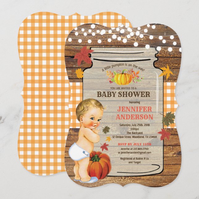 Kleine Kürbis-Babydusche Einladung Rustikaler Fall (Vorne/Hinten)
