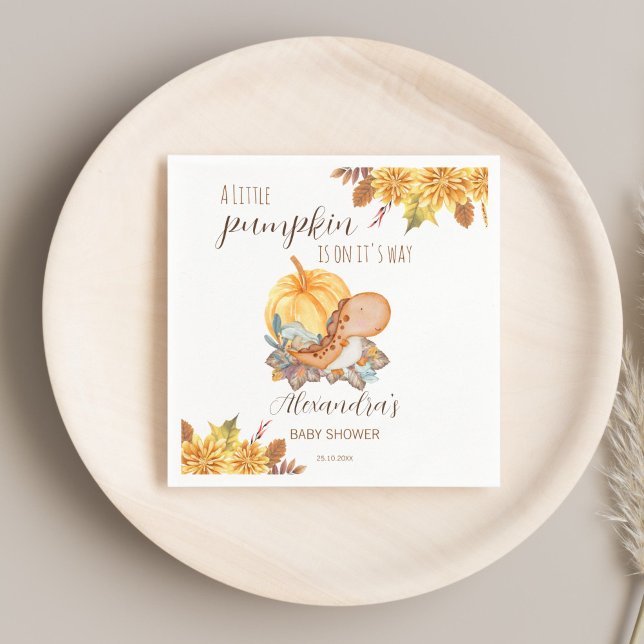 Kleine Kürbis-Dinosaurier-Herbstdusche Serviette (Little pumpkin cute dinosaur fall baby shower personalized monogrammed printed napkins table decor)