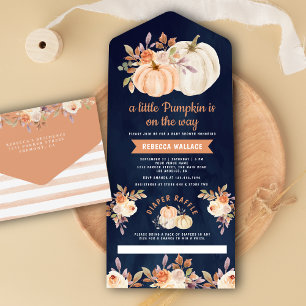 Kleine Kürbis-Erde-Florale-Navyblau-Baby-Party All In One Einladung