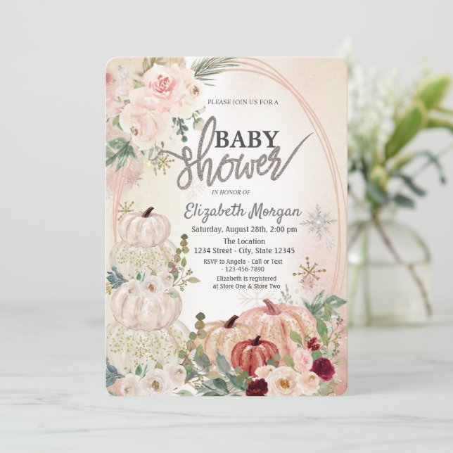 Kleine Kürbis, Rose, Schneeflocken Kinderdusche Einladung (Stehend Vorderseite)