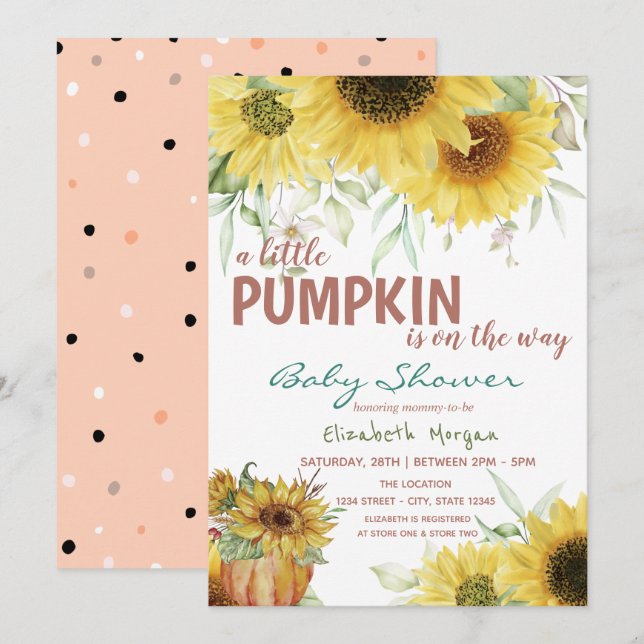 Kleine Kürbis Sonnenblumen, Dots Baby Dusche Einladung (Vorne/Hinten)