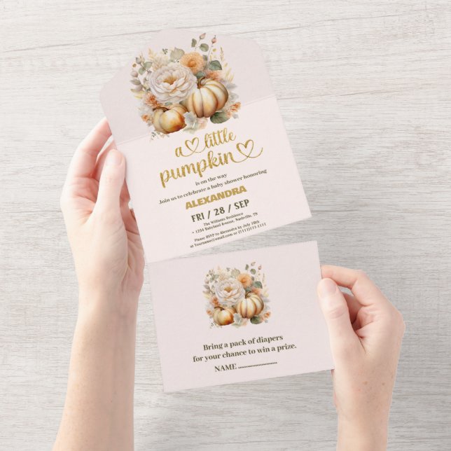 Kleine Kürbis Wasserfarbendusche All In One Einladung (Abreißen)